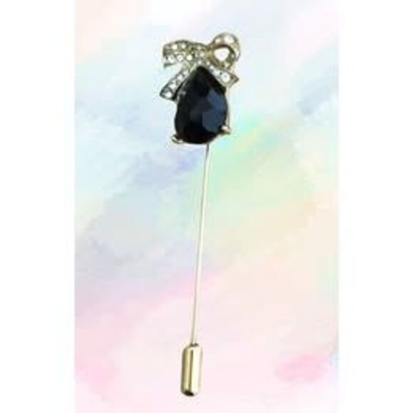 Vintage 1970s Victorian Style Stick Pin with Pave' Rhinestone Bow, Black Glass - Picture 1 of 2